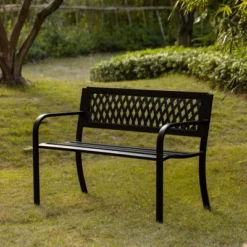 Gardenised Outdoor Steel 47 Park Bench For Yard, Patio, Garden And Deck, Black Weather Resistant Porch Bench, Park Seating