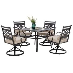 5pc Outdoor Dining Set With Swivel Chairs With Seat & Back Cushions & Square Metal Table With Umbrella Hole - Captiva Designs