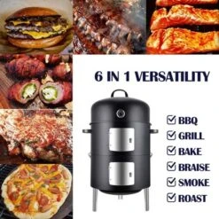 Realcook 17 Inch Vertical Heavy Duty Round Steel BBQ Charcoal Outdoor Smoker With Latch Locking System And Dual Entrance Doors, Black -Garden & Outdoors GUEST 076b2578 4d44 44f9 9d66 9a04aef9d99b