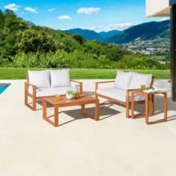 Grafton 4pc Eucalyptus Wood Set With Benches & Tables - Alaterre Furniture