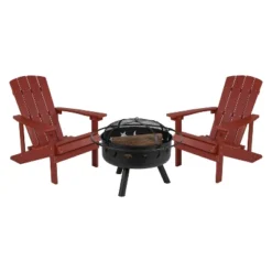 Flash Furniture 3 Piece Charlestown Poly Resin Wood Adirondack Chair Set With Fire Pit - Star And Moon Fire Pit With Mesh Cover -Garden & Outdoors GUEST 0a259dac bf09 4b90 9458 d49bdb4d6ac2