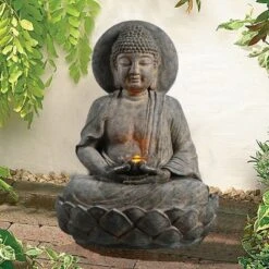Teamson Home Buddha Outdoor Waterfall Fountain With LED Lights, Gray