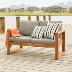 Galia Square Leg Acacia Wood Patio Loveseat With Cushions - Brown - Saracina Home -Garden & Outdoors GUEST 0cc2d0f3 47e5 4caf 8193 f03c8bb693e4