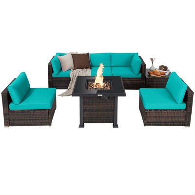 Tangkula Patio Rattan 7PCS Cushioned Chair Set Furniture Set Thick Cushion W/ 50,000 BTU Propane Fire Pit Table For Garden Black/Navy/Red/Turquoise/Off White 13 Tangkula Patio Rattan 7PCS Cushioned Chair Set Furniture Set Thick Cushion W/ 50,000 BTU Propane Fire Pit Table For Garden Black/Navy/Red/Turquoise/Off White - Image 11