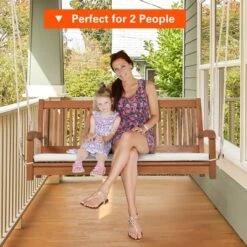 Costway 2-Person Hanging Porch Swing Wood Bench With Cushion Curved Back Outdoor Natural -Garden & Outdoors GUEST 0e96600f 91e8 42ac 9355 1c44cb1fa154