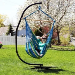 Sunnydaze Decor Sunnydaze Jumbo Extra Large Hanging Rope Hammock Chair Swing With C-Stand - 300 Lb Weight Capacity - Ocean Breeze -Garden & Outdoors GUEST 0ef9fac2 f3d1 4e41 a82a 1fe35b31f411