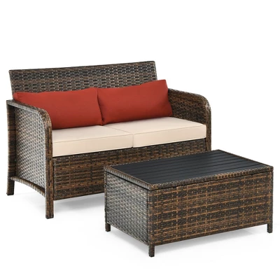 Costway 2PCS Patio Rattan Furniture Set Cushioned Loveseat Table Garden Deck 9 Costway 2PCS Patio Rattan Furniture Set Cushioned Loveseat Table Garden Deck - Image 7