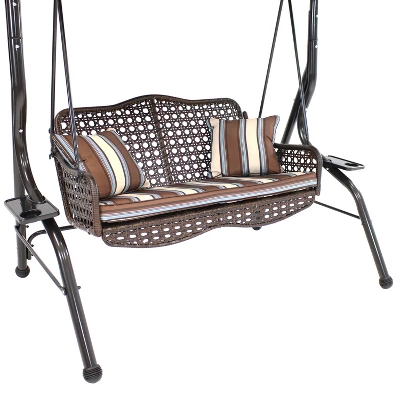 Sunnydaze Decor Sunnydaze 2-Person Outdoor Patio Swing With Adjustable Canopy Shade, Cushions And Pillow, Brown Stripe 4 Sunnydaze Decor Sunnydaze 2-Person Outdoor Patio Swing With Adjustable Canopy Shade, Cushions And Pillow, Brown Stripe - Image 2