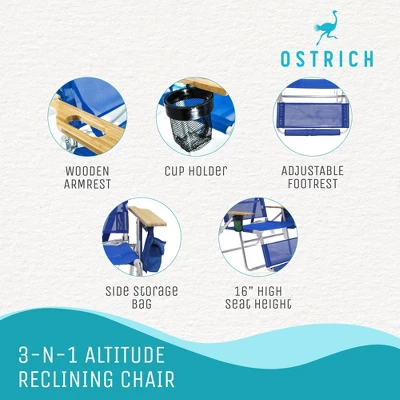 Ostrich 3-N-1 Altitude Outdoor Lounge Reclining Beach Lake 16-Inch Height Chair, Blue 5 Ostrich 3-N-1 Altitude Outdoor Lounge Reclining Beach Lake 16-Inch Height Chair, Blue - Image 3