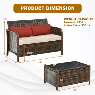 Costway 2PCS Patio Rattan Furniture Set Cushioned Loveseat Table Garden Deck 5 Costway 2PCS Patio Rattan Furniture Set Cushioned Loveseat Table Garden Deck - Image 3