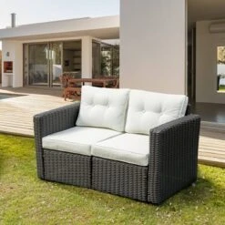 Outsunny 2 Piece Patio Wicker Corner Sofa Set, Outdoor PE Rattan Furniture, With Curved Armrests And Padded Cushions For Balcony, Garden, Or Lawn, Lawn
