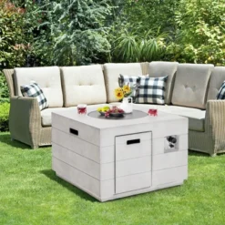 Tangkula 34" Square Concrete Propane Fire Pit Table W/ Lava Rocks Rain Cover 50,000 BTU