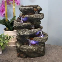 Sunnydaze Decor Sunnydaze Indoor Home Office Relaxing 6-Tiered Stone Falls Tabletop Water Fountain With LED Lights - 15"
