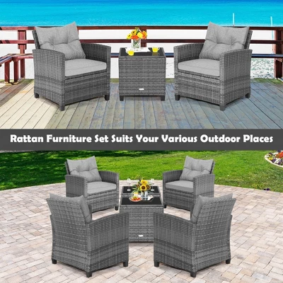 Costway 3PCS Patio Rattan Furniture Bistro Set Cushioned Sofas Side Table Armrest Grey 7 Costway 3PCS Patio Rattan Furniture Bistro Set Cushioned Sofas Side Table Armrest Grey - Image 5