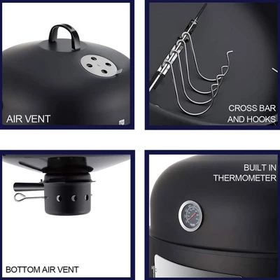 Realcool 20 Inch Vertical Heavy Duty Steel Round Charcoal Outdoor BBQ Smoker Grill With Bottom Air Vent And Latch Locking System, Black 3 Realcool 20 Inch Vertical Heavy Duty Steel Round Charcoal Outdoor BBQ Smoker Grill With Bottom Air Vent And Latch Locking System, Black - Image 2