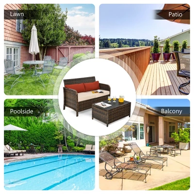 Costway 2PCS Patio Rattan Furniture Set Cushioned Loveseat Table Garden Deck 6 Costway 2PCS Patio Rattan Furniture Set Cushioned Loveseat Table Garden Deck - Image 4