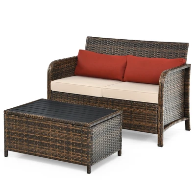 Costway 2PCS Patio Rattan Furniture Set Cushioned Loveseat Table Garden Deck 11 Costway 2PCS Patio Rattan Furniture Set Cushioned Loveseat Table Garden Deck - Image 9