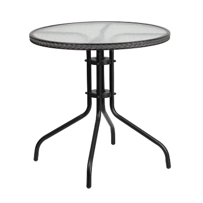 Emma And Oliver 28" Round Tempered Glass Metal Table With Rattan Edging 4 Emma And Oliver 28" Round Tempered Glass Metal Table With Rattan Edging - Image 2