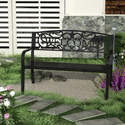 Outsunny 50" Outdoor Metal Welcome Bench, Powder Coated Cast Iron Sign & Steel Frame, 2 Person Bench With Antique Vine Motifs & Slatted Seat, Black 3 Outsunny 50" Outdoor Metal Welcome Bench, Powder Coated Cast Iron Sign & Steel Frame, 2 Person Bench With Antique Vine Motifs & Slatted Seat, Black
