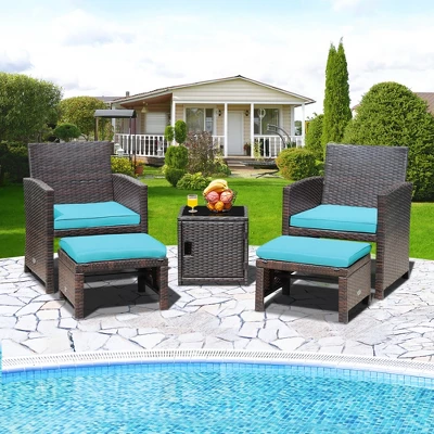 Costway 5PCS Patio Rattan Furniture Set Ottoman Cushioned W/Cover Space Saving Off White/Gray/Red/Turquoise 14 Costway 5PCS Patio Rattan Furniture Set Ottoman Cushioned W/Cover Space Saving Off White/Gray/Red/Turquoise - Image 12