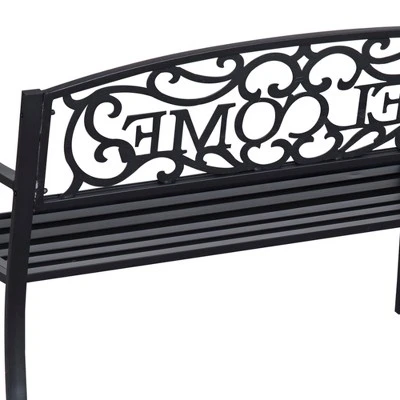 Outsunny 50" Outdoor Metal Welcome Bench, Powder Coated Cast Iron Sign & Steel Frame, 2 Person Bench With Antique Vine Motifs & Slatted Seat, Black 6 Outsunny 50" Outdoor Metal Welcome Bench, Powder Coated Cast Iron Sign & Steel Frame, 2 Person Bench With Antique Vine Motifs & Slatted Seat, Black - Image 4