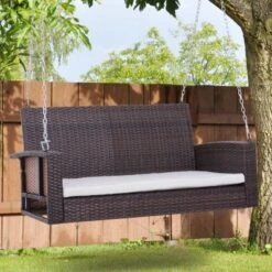 Outsunny 2-Person Wicker Hanging Porch Swing Bench Outdoor Chair With Cushions