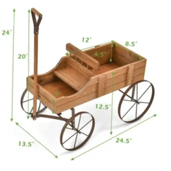 Costway Garden Plant Planter Wooden Wagon Planter W/ Wheel Garden Yard