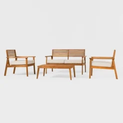 Saracina Home 4pc Mid-Century Modern Slatted Acacia Outdoor Patio Conversation Furniture Set -Garden & Outdoors GUEST 5bd5681e 7e46 43b4 a961 a82e40c62e87