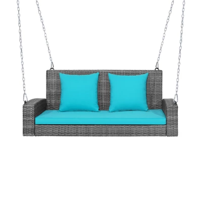 Tangkula Outdoor Porch Swing Bench, Patio Wicker Hanging Swing With Rustproof Chains & Comfortable Cushions Off White/Turquoise/Red/Black 13 Tangkula Outdoor Porch Swing Bench, Patio Wicker Hanging Swing With Rustproof Chains & Comfortable Cushions Off White/Turquoise/Red/Black - Image 11