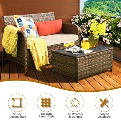 Costway 2PCS Patio Rattan Furniture Set Cushioned Loveseat Table Garden Deck 7 Costway 2PCS Patio Rattan Furniture Set Cushioned Loveseat Table Garden Deck - Image 5