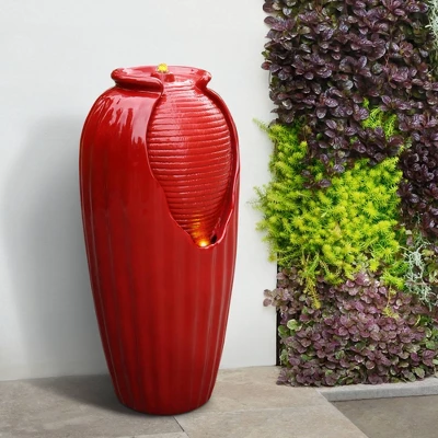31.89" Glazed Vase Outdoor Floor Fountain With LED Light - Red - Teamson Home 3 31.89" Glazed Vase Outdoor Floor Fountain With LED Light - Red - Teamson Home