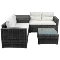 4pc Wicker Patio Set With Large Storage Box & Cushions - Gray/Beige - GODEER -Garden & Outdoors GUEST 8254a76c 6e44 49d8 b7b8 d3dded25e57b
