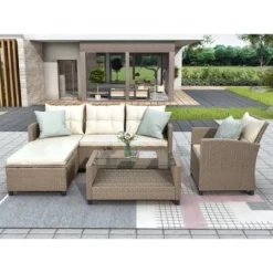 4pc Wicker Patio Sectional Seating Set With Cushions - Beige/Brown - GODEER