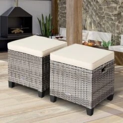 Costway 2PCS Patio Rattan Cushioned Ottoman Seat Foot Rest Table