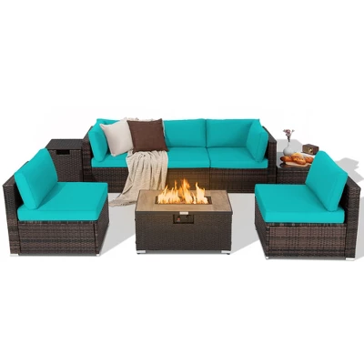 Costway 8PCS Patio Rattan Furniture Set Fire Pit Table Tank Holder Cover Deck Off White/Black/Navy/Red/Turquoise 15 Costway 8PCS Patio Rattan Furniture Set Fire Pit Table Tank Holder Cover Deck Off White/Black/Navy/Red/Turquoise - Image 13