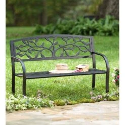 Evergreen Tree Of Life Metal Garden Bench - Black