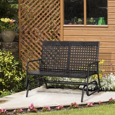 Outsunny Patio 2-Person Wicker Glider Bench Rocking Chair, Outdoor All-Hand Woven PE Rattan Loveseat For Patio, Garden, Porch, Lawn, Black 4 Outsunny Patio 2-Person Wicker Glider Bench Rocking Chair, Outdoor All-Hand Woven PE Rattan Loveseat For Patio, Garden, Porch, Lawn, Black - Image 2