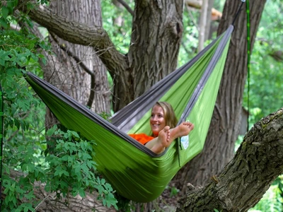 The Hamptons Collection 128" Gray And Green Heavy Duty Lightweight Traveler’s Nylon Hammock 5 The Hamptons Collection 128" Gray And Green Heavy Duty Lightweight Traveler’s Nylon Hammock - Image 3