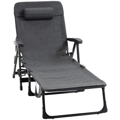 Outsunny Outdoor Folding Chaise Lounge Chair, Mesh Fabric Pool Chair With Adjustable Backrest, Pillow And Cup Holder For Poolside, Deck, Gray 5 Outsunny Outdoor Folding Chaise Lounge Chair, Mesh Fabric Pool Chair With Adjustable Backrest, Pillow And Cup Holder For Poolside, Deck, Gray - Image 3