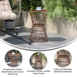 Emma And Oliver All-Weather Natural Faux Rattan Rope Patio Table With Natural Acacia Wood Top For Indoor And Outdoor Use -Garden & Outdoors GUEST 931e7011 68d7 48cd 8482 8eef0d2ede11
