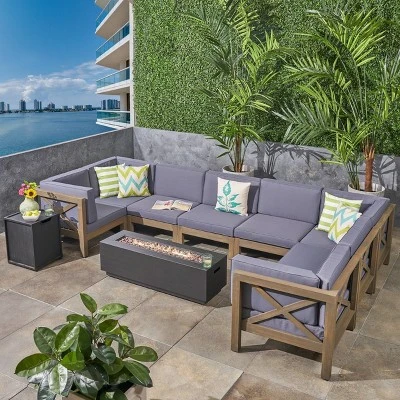 Thasos 10pc Acacia U-Shaped Farmhouse Sectional Sofa Set With Fire Pit - Gray - Christopher Knight Home 6 Thasos 10pc Acacia U-Shaped Farmhouse Sectional Sofa Set With Fire Pit - Gray - Christopher Knight Home - Image 4