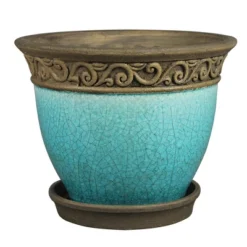 Southern Patio Cadiz 8 Inch Round Crackled Ceramic Indoor Or Outdoor Garden Planter Pot With Saucer For Flowers And Plants, Teal (3 Pack)