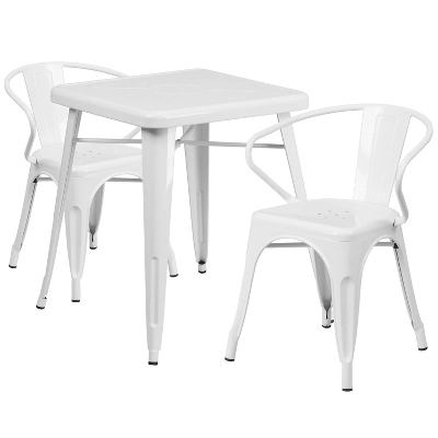 Flash Furniture Commercial Grade 23.75" Square Metal Indoor-Outdoor Table Set With 2 Arm Chairs 3 Flash Furniture Commercial Grade 23.75" Square Metal Indoor-Outdoor Table Set With 2 Arm Chairs