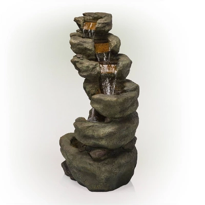 48" Resin Outdoor Multi-Tier Pristine Waterfall Fountain With LED Lights Dark Moss Green - Alpine Corporation 5 48" Resin Outdoor Multi-Tier Pristine Waterfall Fountain With LED Lights Dark Moss Green - Alpine Corporation - Image 3