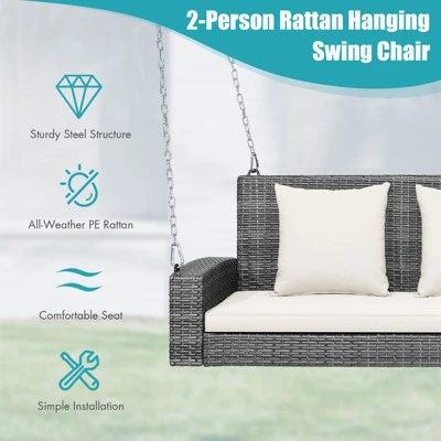 Tangkula Outdoor Porch Swing Bench, Patio Wicker Hanging Swing With Rustproof Chains & Comfortable Cushions Off White/Turquoise/Red/Black 6 Tangkula Outdoor Porch Swing Bench, Patio Wicker Hanging Swing With Rustproof Chains & Comfortable Cushions Off White/Turquoise/Red/Black - Image 4