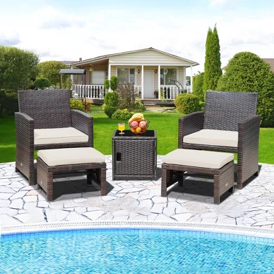 Costway 5PCS Patio Rattan Furniture Set Ottoman Cushioned W/Cover Space Saving Off White/Gray/Red/Turquoise 15 Costway 5PCS Patio Rattan Furniture Set Ottoman Cushioned W/Cover Space Saving Off White/Gray/Red/Turquoise - Image 13