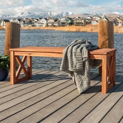 53" Slatted Acacia Wood X-Frame Patio Bench Brown - Saracina Home 6 53" Slatted Acacia Wood X-Frame Patio Bench Brown - Saracina Home - Image 4