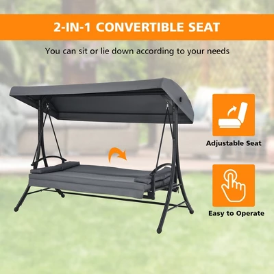 Costway Patio 3-Seat Porch Canopy Swing Converting Grey Cushion Pillow Adjust 6 Costway Patio 3-Seat Porch Canopy Swing Converting Grey Cushion Pillow Adjust - Image 4