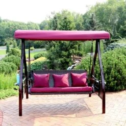 Sunnydaze Decor Sunnydaze 3-Person Outdoor Patio Swing With Adjustable Canopy Shade, Foldable Side Tables, Cushions And Pillow, Merlot