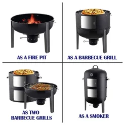 Realcool 20 Inch Vertical Heavy Duty Steel Round Charcoal Outdoor BBQ Smoker Grill With Bottom Air Vent And Latch Locking System, Black